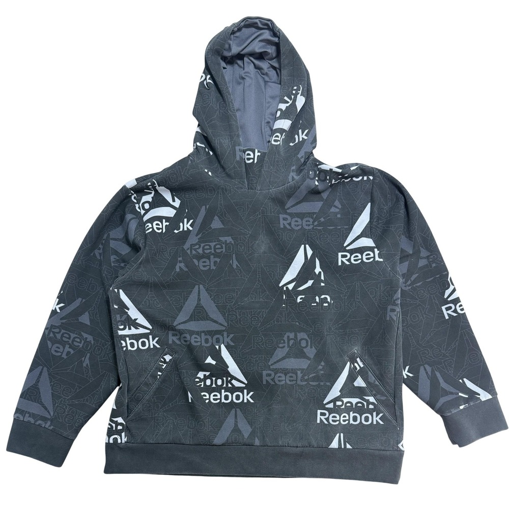 Reebok Hoodie Mens 2XL Black Gray Allover Logo Pullover Sweatshirt REN233HD07